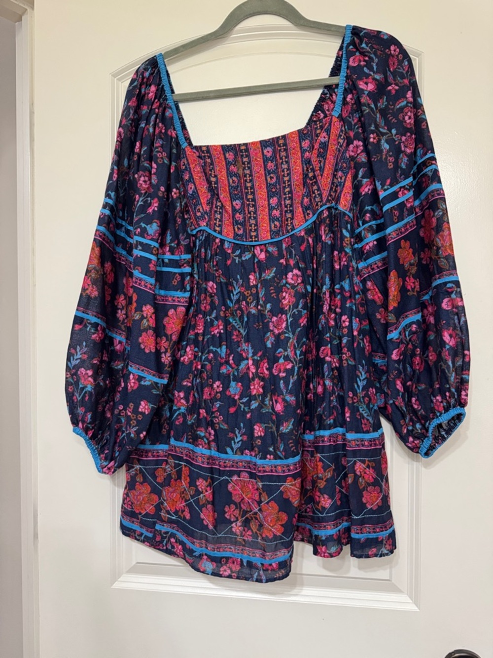 Free People Women's Navy Floral Boho Peasant Dress - Blue & Pink Floral